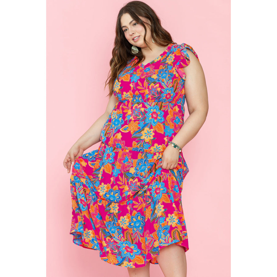 Red Floral Print Ruffled Sleeveless Plus Size Long Dress Plus Size/Plus Size Dresses/Plus Size Maxi Dresses