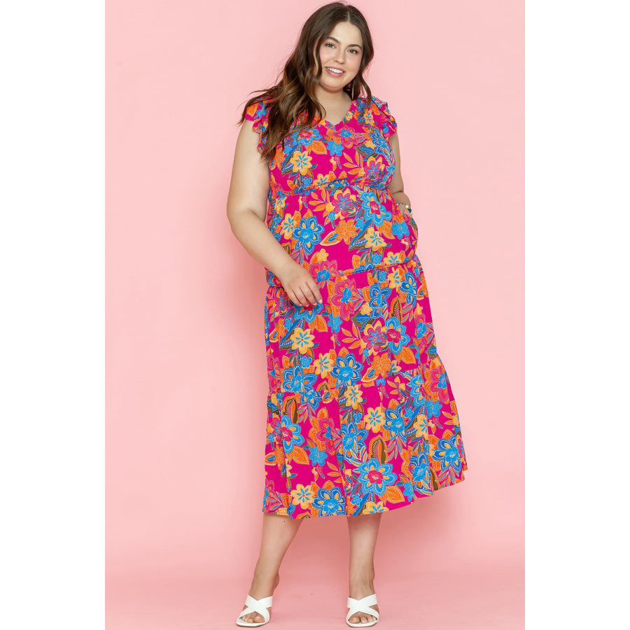 Red Floral Print Ruffled Sleeveless Plus Size Long Dress Plus Size/Plus Size Dresses/Plus Size Maxi Dresses