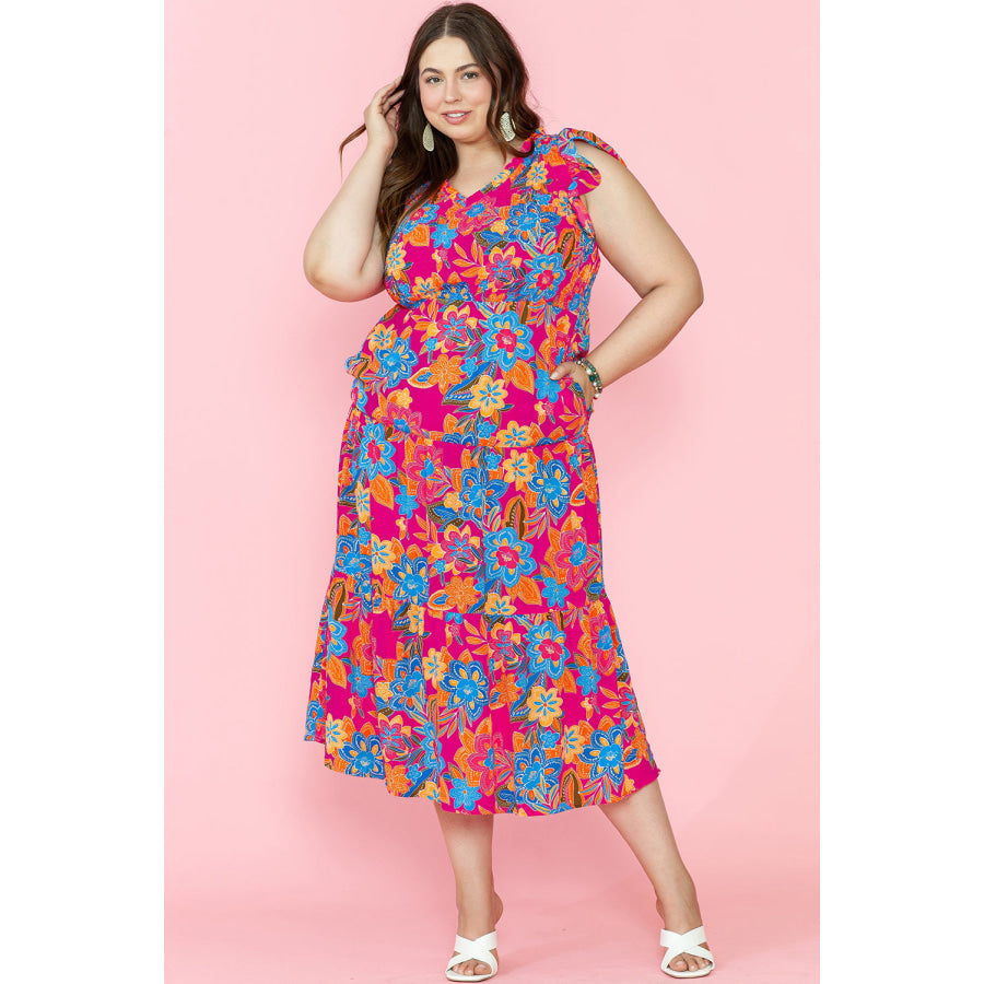 Red Floral Print Ruffled Sleeveless Plus Size Long Dress Plus Size/Plus Size Dresses/Plus Size Maxi Dresses