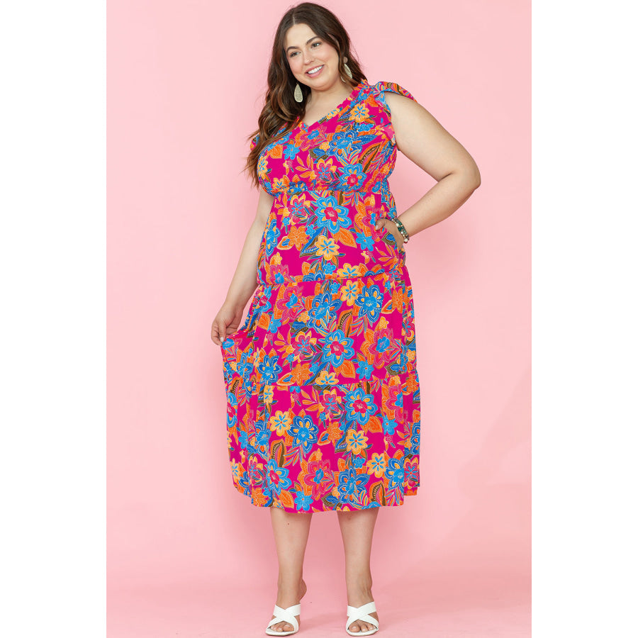 Red Floral Print Ruffled Sleeveless Plus Size Long Dress Plus Size/Plus Size Dresses/Plus Size Maxi Dresses