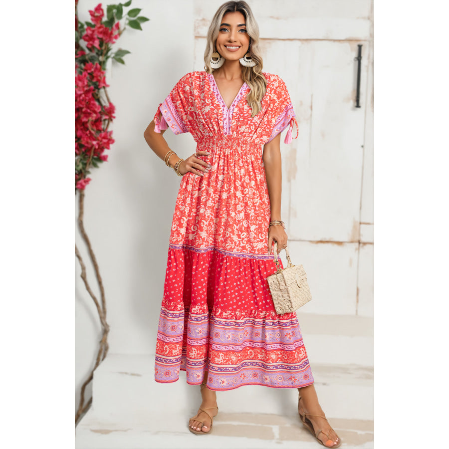 Red Floral Print Tasseled Tied Sleeve Empire Waist Maxi Dress Dresses/Floral Dresses