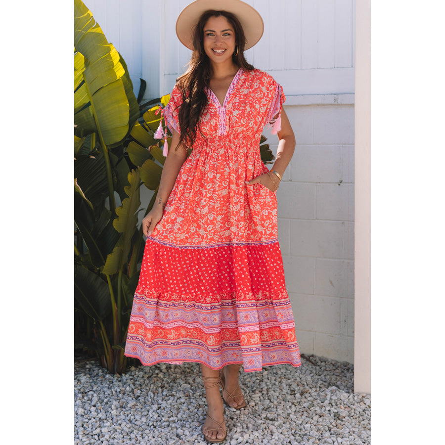 Red Floral Print Tasseled Tied Sleeve Empire Waist Maxi Dress Dresses/Floral Dresses