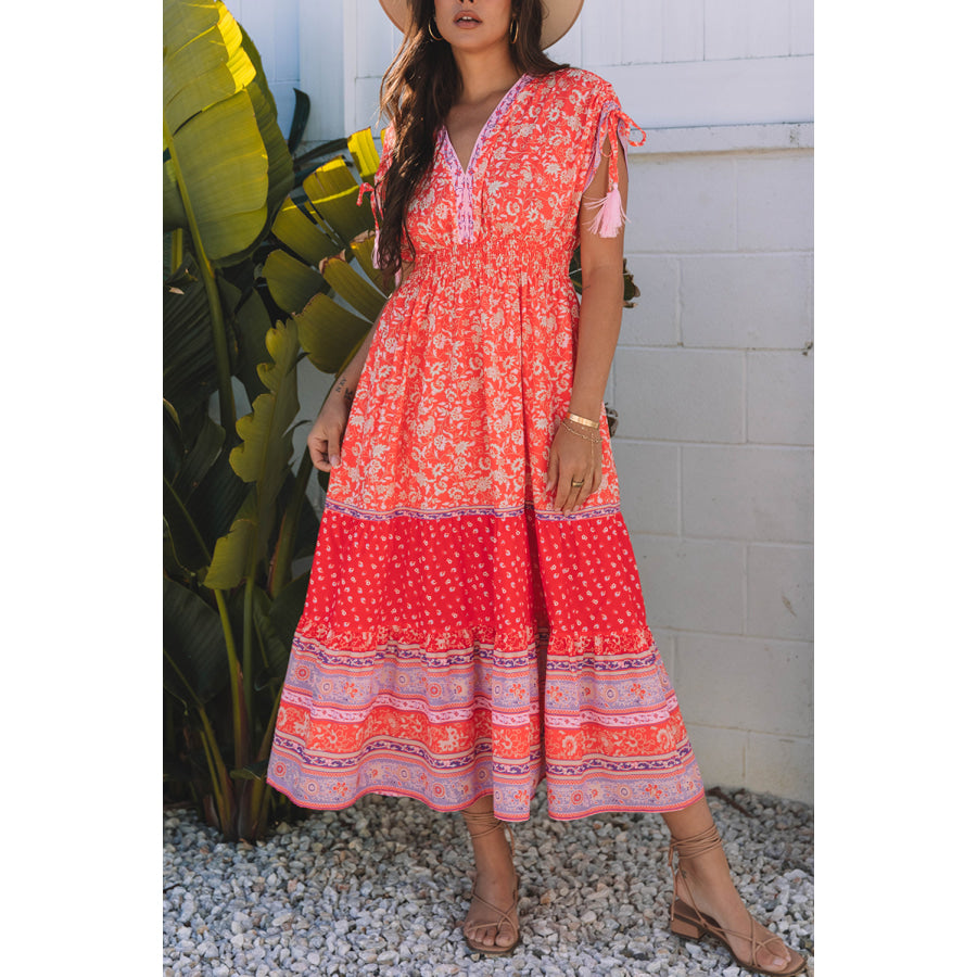 Red Floral Print Tasseled Tied Sleeve Empire Waist Maxi Dress Dresses/Floral Dresses