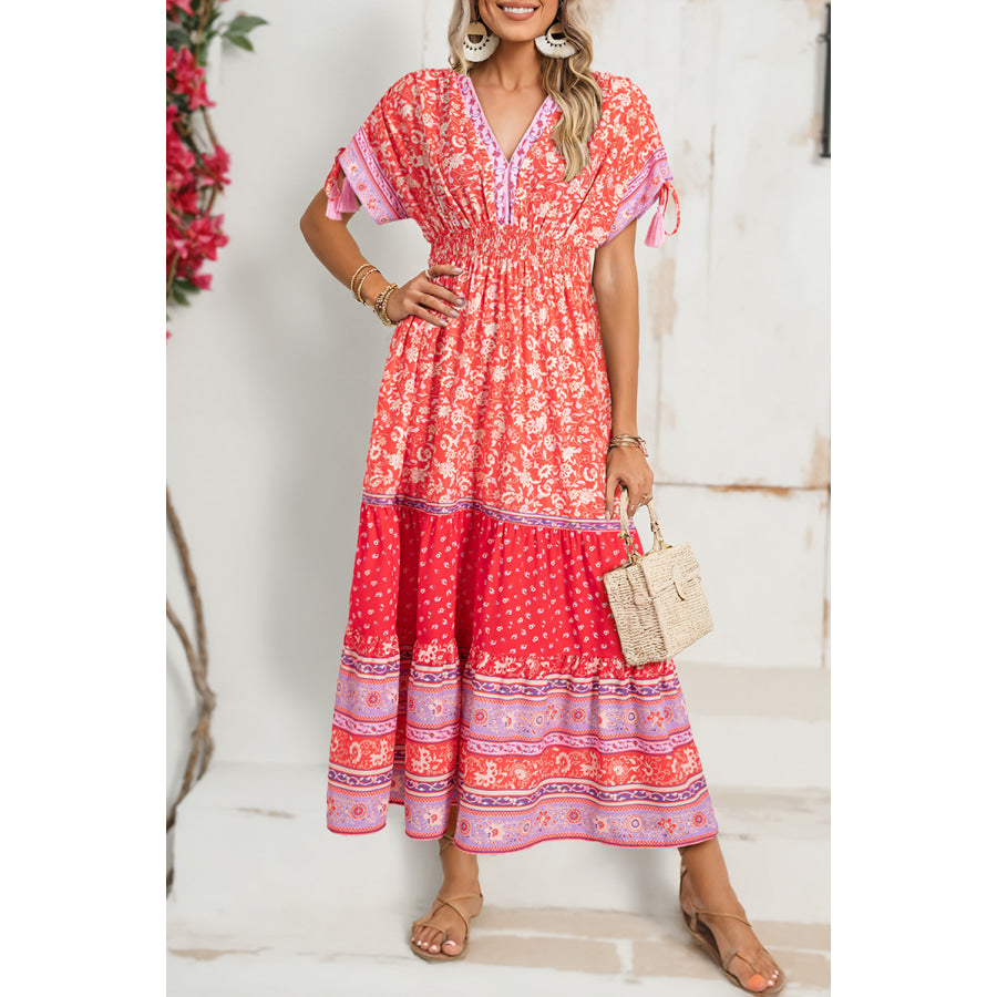 Red Floral Print Tasseled Tied Sleeve Empire Waist Maxi Dress Dresses/Floral Dresses