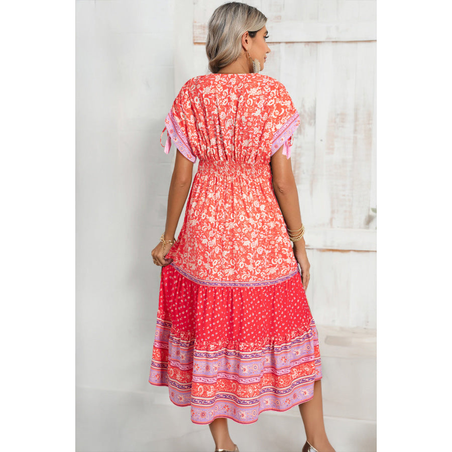 Red Floral Print Tasseled Tied Sleeve Empire Waist Maxi Dress Dresses/Floral Dresses