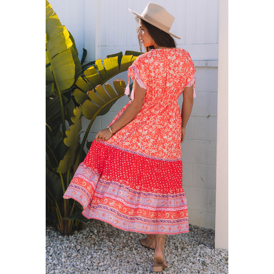 Red Floral Print Tasseled Tied Sleeve Empire Waist Maxi Dress Dresses/Floral Dresses