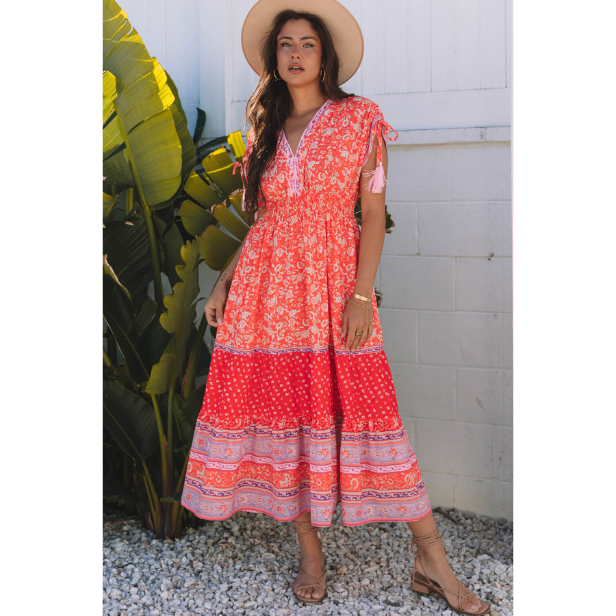 Red Floral Print Tasseled Tied Sleeve Empire Waist Maxi Dress Red / S / 100% Polyester Dresses/Floral Dresses