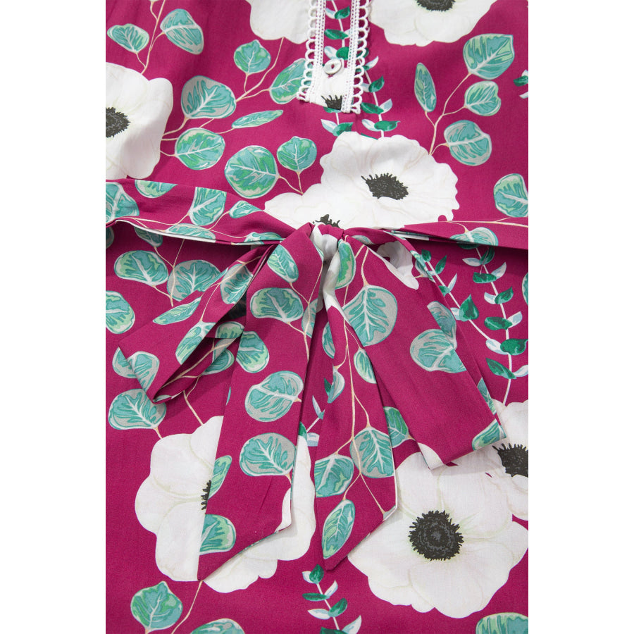 Red Floral Print Trimmed Short Puff Sleeve Mini Dress with Belt Dresses/Floral Dresses