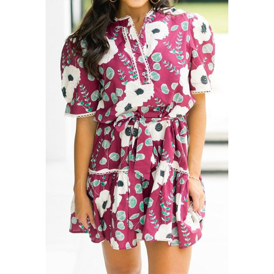 Red Floral Print Trimmed Short Puff Sleeve Mini Dress with Belt Dresses/Floral Dresses