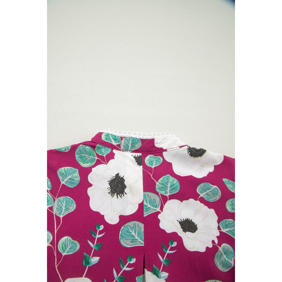 Red Floral Print Trimmed Short Puff Sleeve Mini Dress with Belt Dresses/Floral Dresses