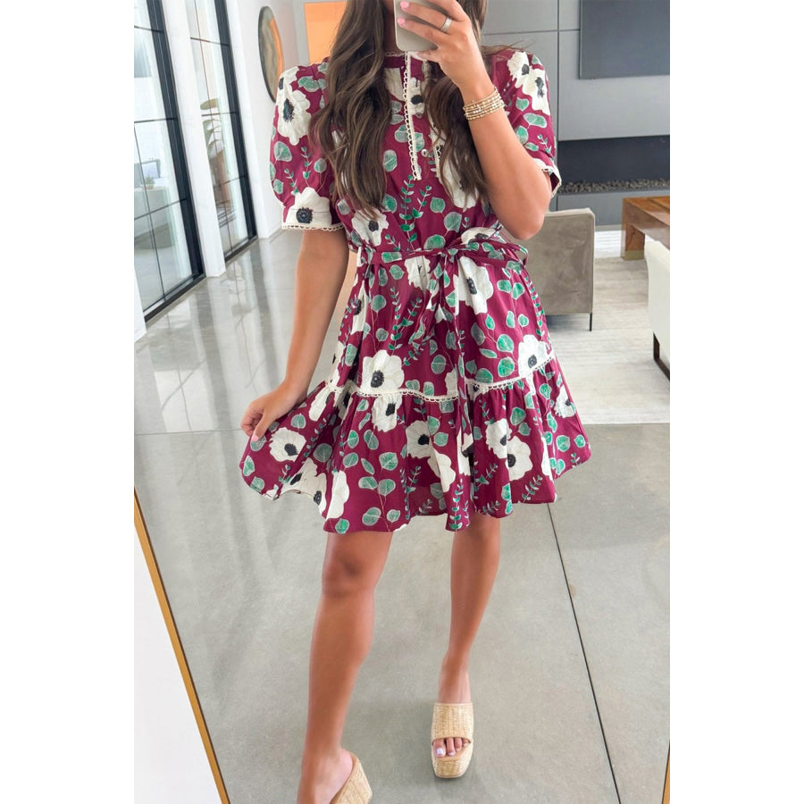 Red Floral Print Trimmed Short Puff Sleeve Mini Dress with Belt Dresses/Floral Dresses