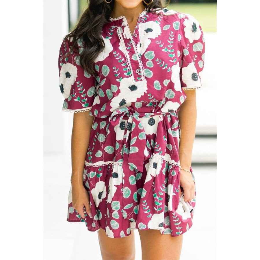 Red Floral Print Trimmed Short Puff Sleeve Mini Dress with Belt Dresses/Floral Dresses