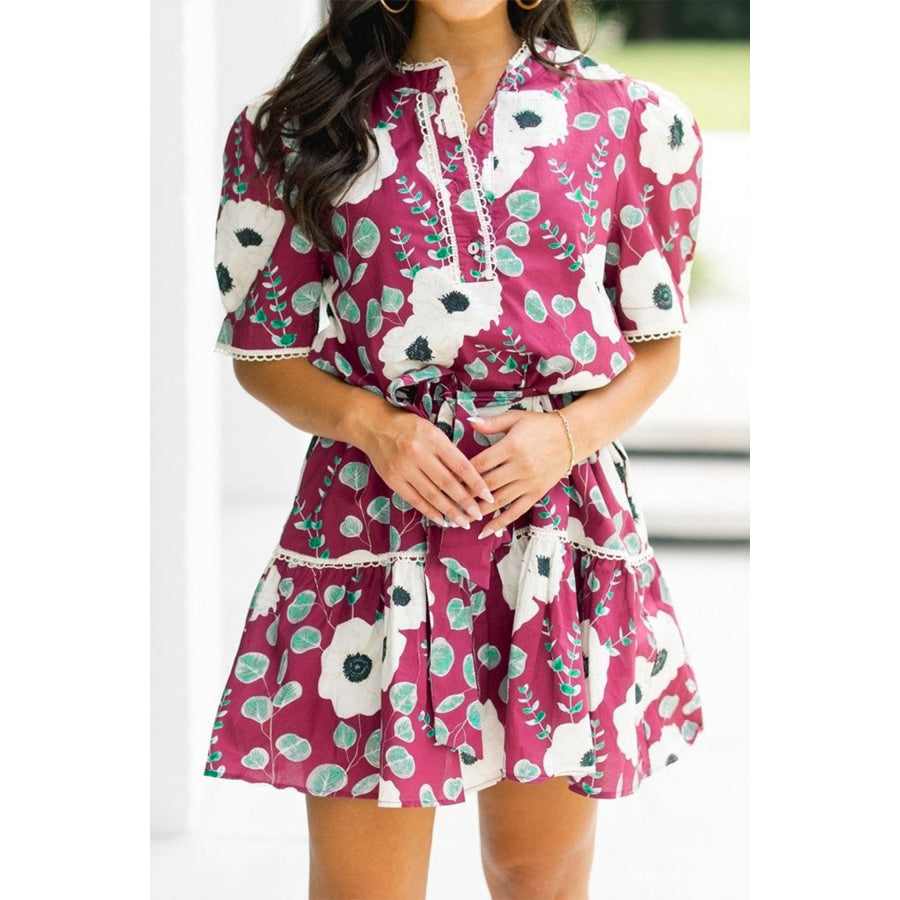 Red Floral Print Trimmed Short Puff Sleeve Mini Dress with Belt Dresses/Floral Dresses