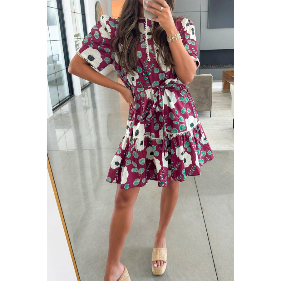 Red Floral Print Trimmed Short Puff Sleeve Mini Dress with Belt Dresses/Floral Dresses