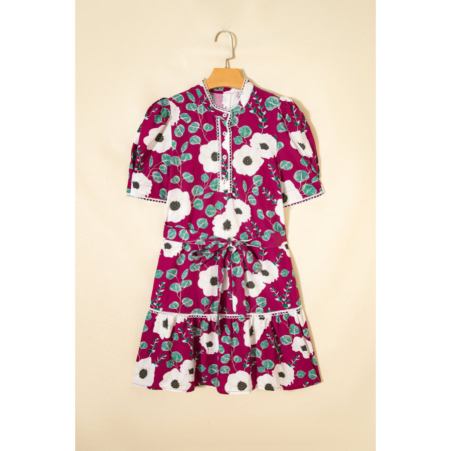 Red Floral Print Trimmed Short Puff Sleeve Mini Dress with Belt Dresses/Floral Dresses