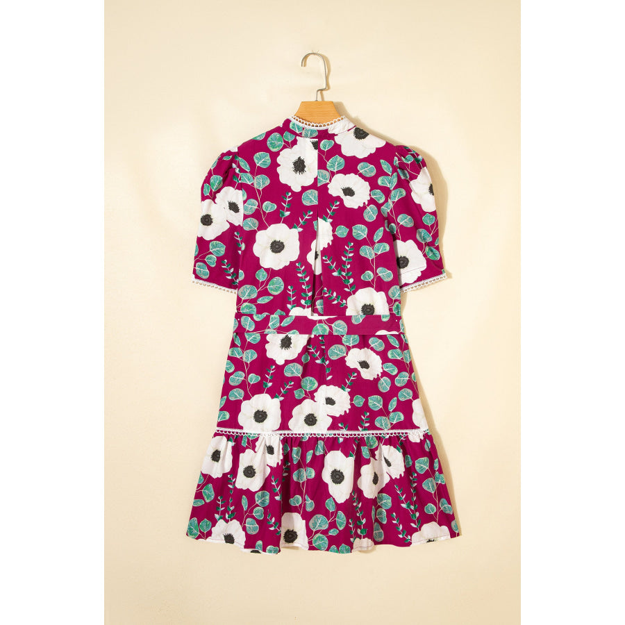 Red Floral Print Trimmed Short Puff Sleeve Mini Dress with Belt Dresses/Floral Dresses