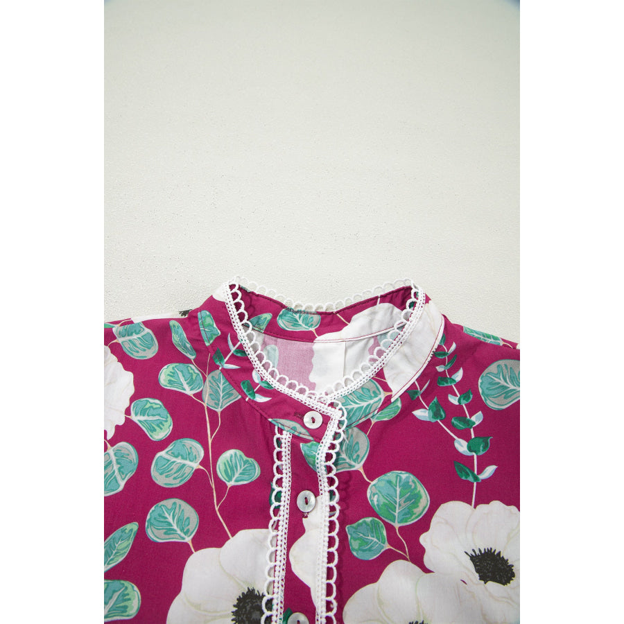 Red Floral Print Trimmed Short Puff Sleeve Mini Dress with Belt Dresses/Floral Dresses
