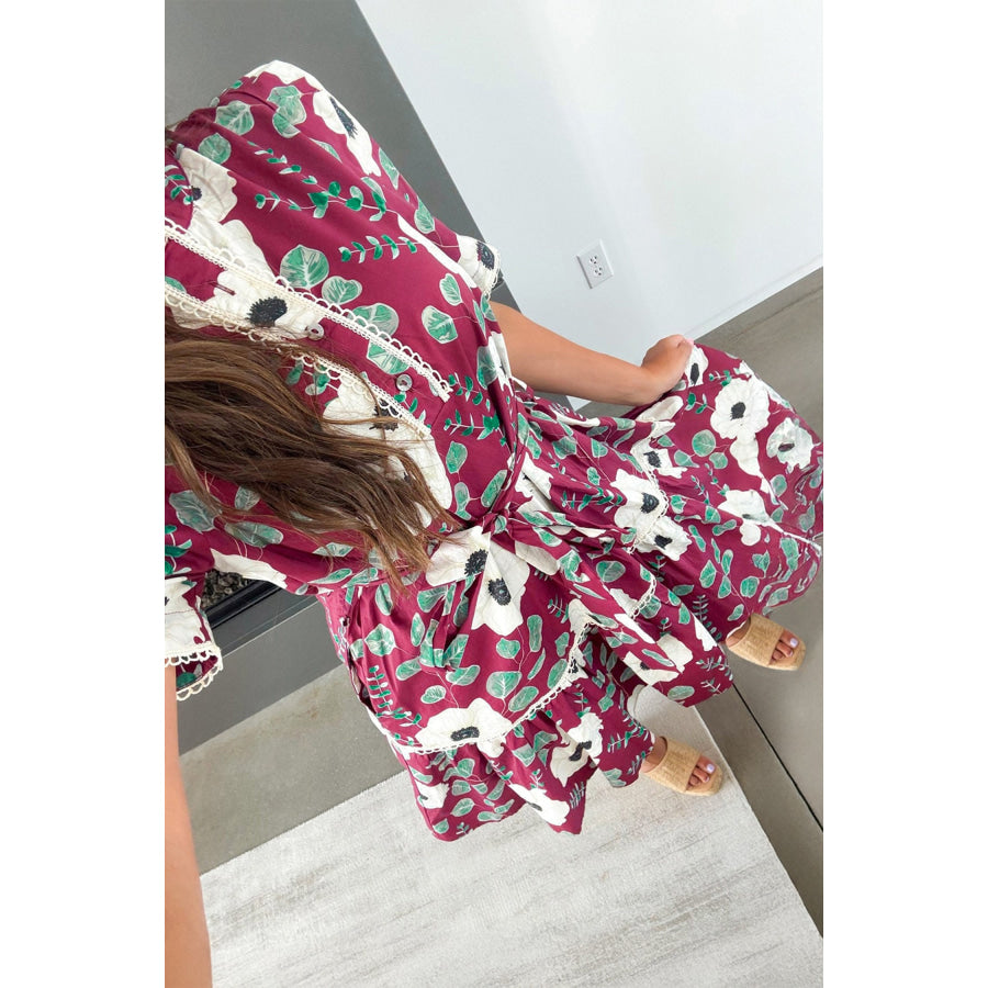 Red Floral Print Trimmed Short Puff Sleeve Mini Dress with Belt Dresses/Floral Dresses