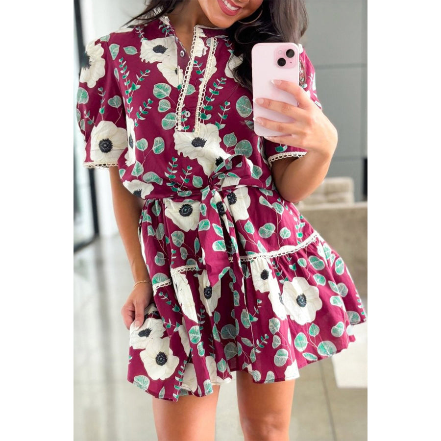 Red Floral Print Trimmed Short Puff Sleeve Mini Dress with Belt Red / S / 55% Cotton + 45% Viscose Dresses/Floral Dresses