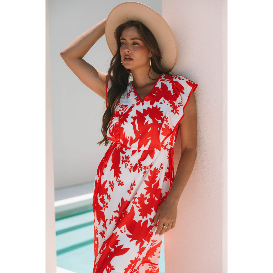 Red Floral Print Trimmed V Neck Ruffle Sleeve Long Dress Dresses/Maxi Dresses
