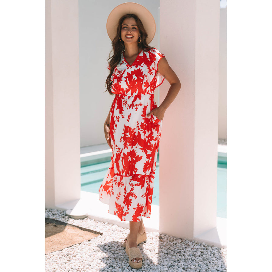 Red Floral Print Trimmed V Neck Ruffle Sleeve Long Dress Dresses/Maxi Dresses