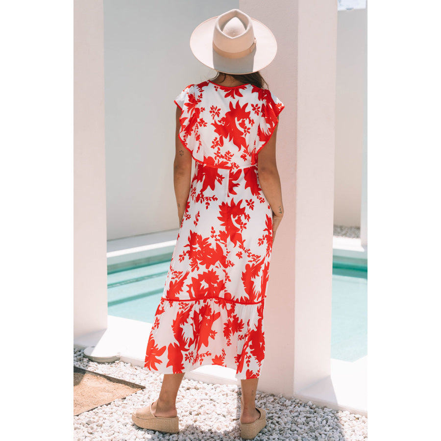 Red Floral Print Trimmed V Neck Ruffle Sleeve Long Dress Dresses/Maxi Dresses