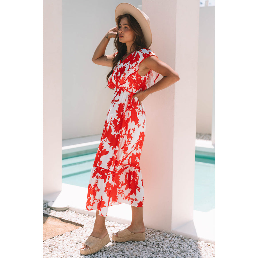 Red Floral Print Trimmed V Neck Ruffle Sleeve Long Dress Dresses/Maxi Dresses