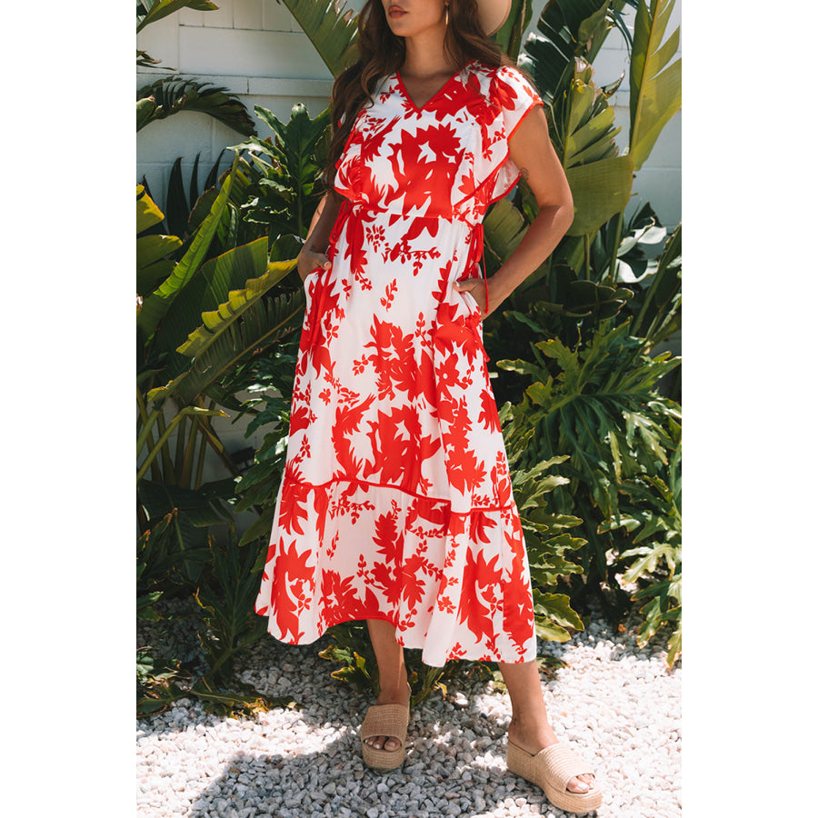 Red Floral Print Trimmed V Neck Ruffle Sleeve Long Dress Dresses/Maxi Dresses