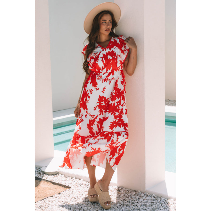 Red Floral Print Trimmed V Neck Ruffle Sleeve Long Dress Dresses/Maxi Dresses