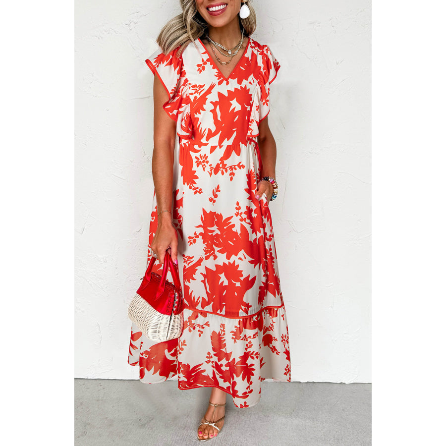Red Floral Print Trimmed V Neck Ruffle Sleeve Long Dress Dresses/Maxi Dresses