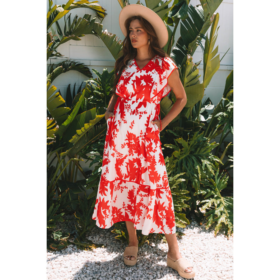 Red Floral Print Trimmed V Neck Ruffle Sleeve Long Dress Red / S / 100% Polyester Dresses/Maxi Dresses