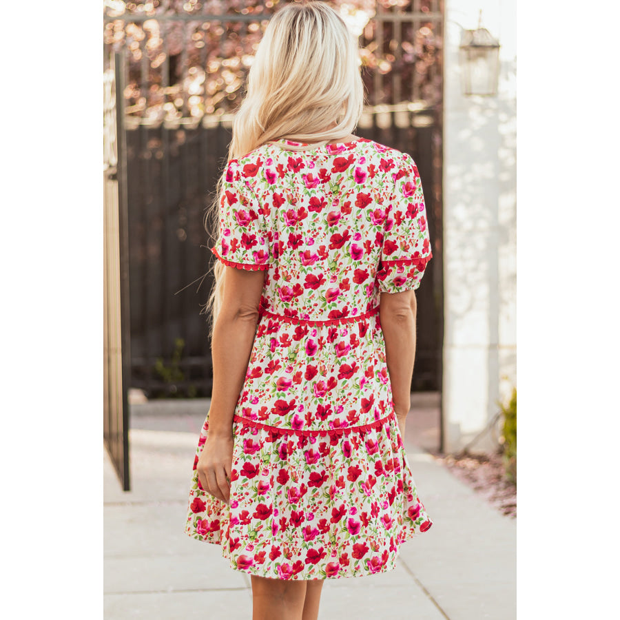 Red Floral Puff Sleeve Tiered Ric Rac Pocketed Mini Dress Dresses/Floral Dresses