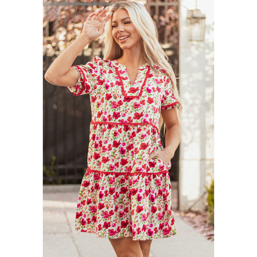 Red Floral Puff Sleeve Tiered Ric Rac Pocketed Mini Dress Dresses/Floral Dresses