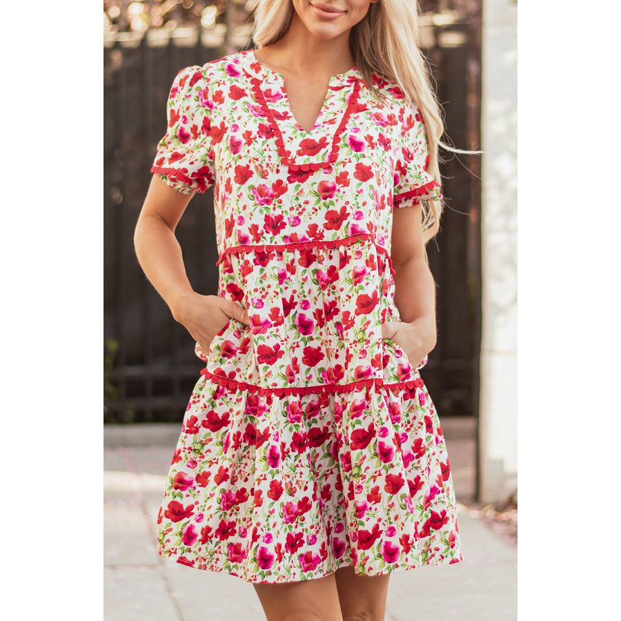 Red Floral Puff Sleeve Tiered Ric Rac Pocketed Mini Dress Dresses/Floral Dresses