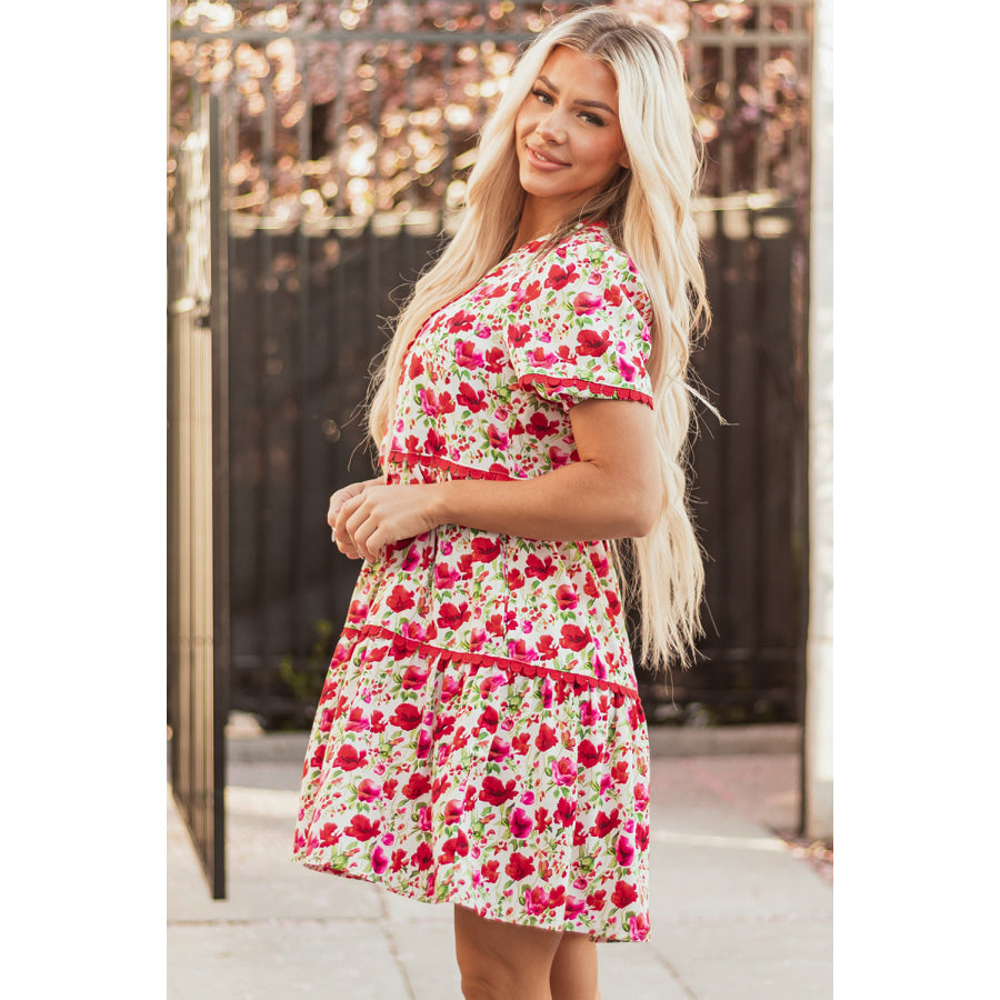 Red Floral Puff Sleeve Tiered Ric Rac Pocketed Mini Dress Dresses/Floral Dresses