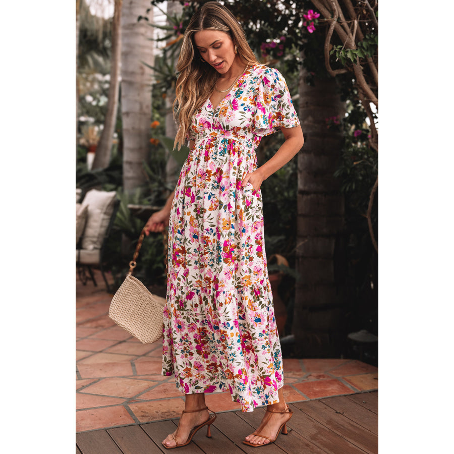 Red Floral Short Sleeve V Neck High Waist Maxi Dress Dresses/Floral Dresses