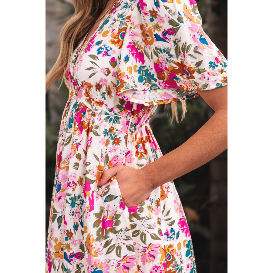 Red Floral Short Sleeve V Neck High Waist Maxi Dress Dresses/Floral Dresses