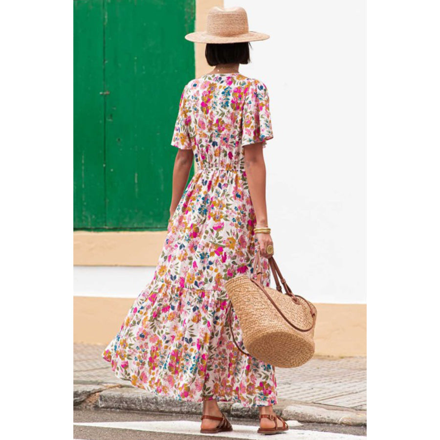 Red Floral Short Sleeve V Neck High Waist Maxi Dress Dresses/Floral Dresses