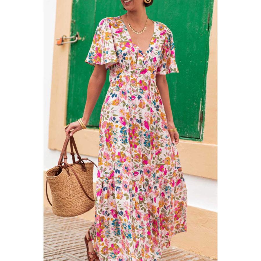 Red Floral Short Sleeve V Neck High Waist Maxi Dress Dresses/Floral Dresses