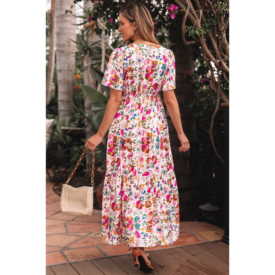 Red Floral Short Sleeve V Neck High Waist Maxi Dress Red / S / 80% Viscose + 20% Polyamide Dresses/Floral Dresses