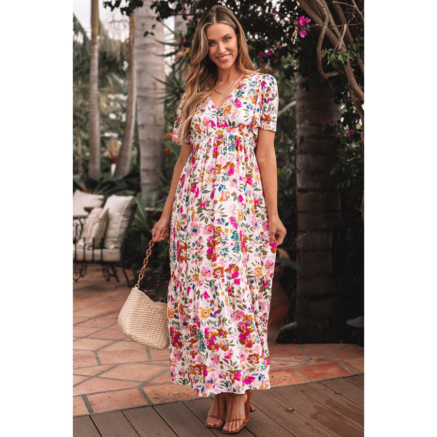 Red Floral Short Sleeve V Neck High Waist Maxi Dress Dresses/Floral Dresses