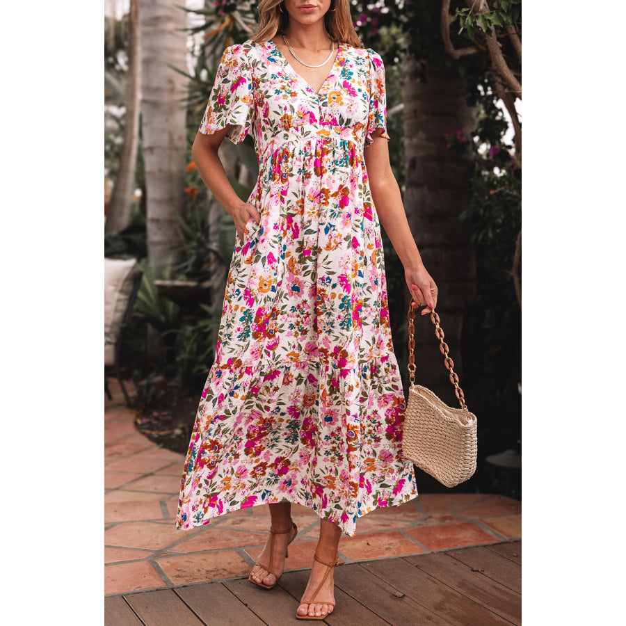 Red Floral Short Sleeve V Neck High Waist Maxi Dress Dresses/Floral Dresses