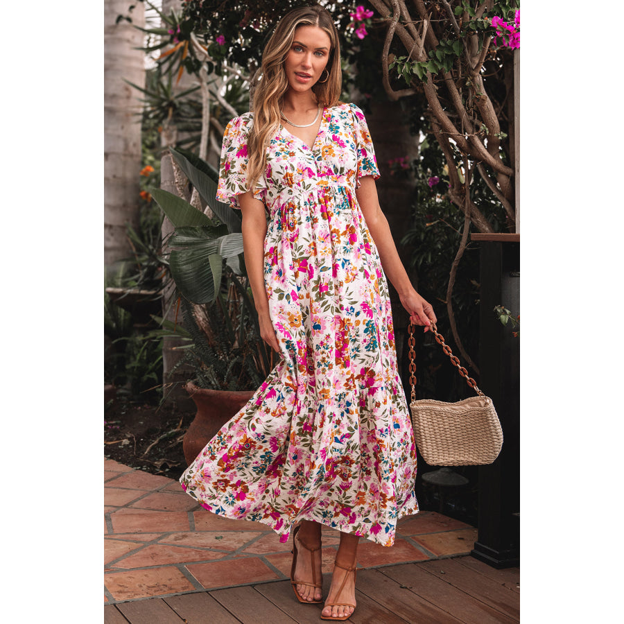 Red Floral Short Sleeve V Neck High Waist Maxi Dress Red / S / 80% Viscose + 20% Polyamide Dresses/Floral Dresses