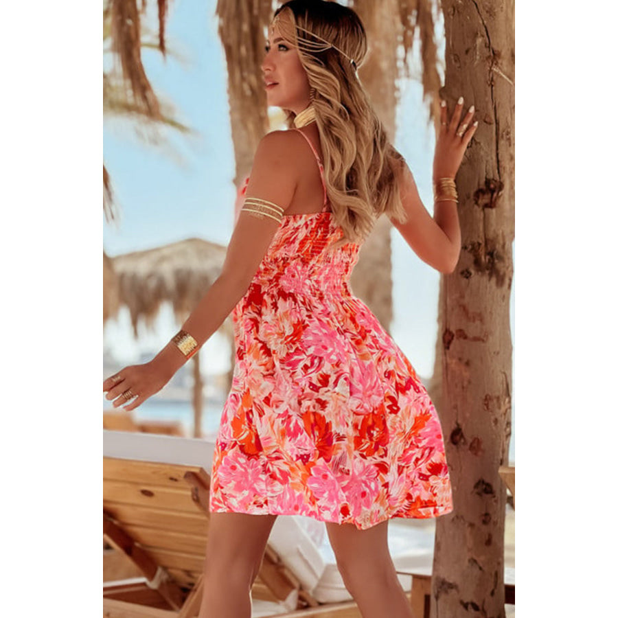 Red Floral Spaghetti Strap Surplice Neck Shirred Waist Mini Dress Dresses/Floral Dresses
