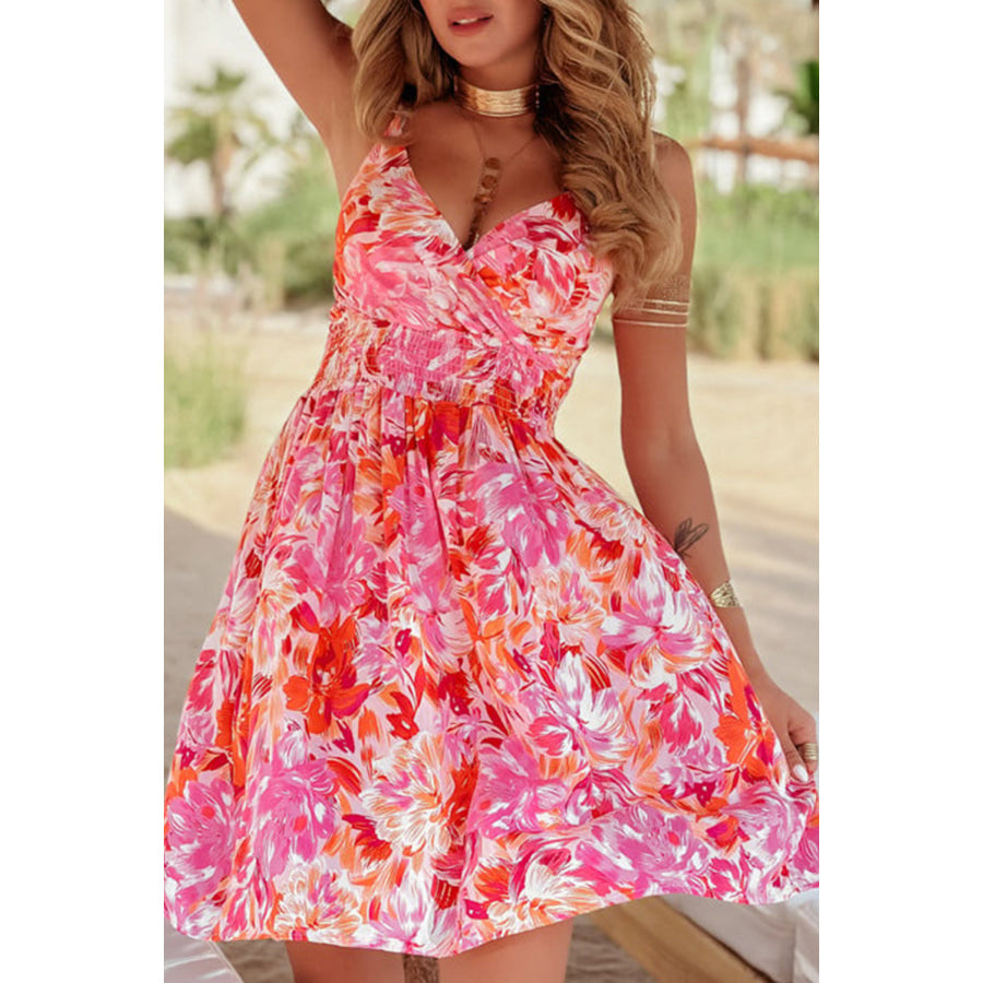 Red Floral Spaghetti Strap Surplice Neck Shirred Waist Mini Dress Dresses/Floral Dresses