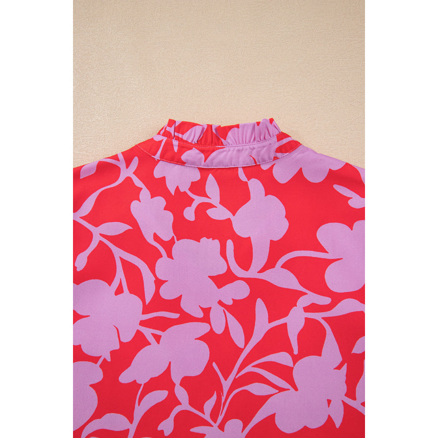Red Floral Three Quarter Sleeves Ruffle Hem Mini Dress Dresses/Mini Dresses
