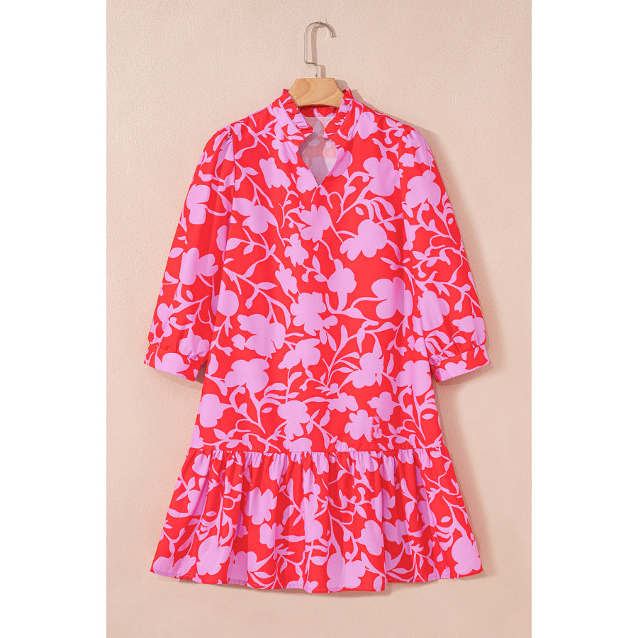 Red Floral Three Quarter Sleeves Ruffle Hem Mini Dress Dresses/Mini Dresses