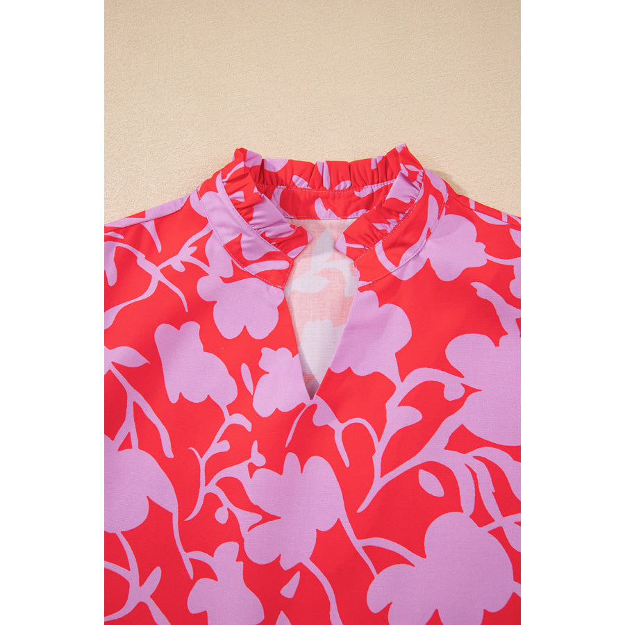 Red Floral Three Quarter Sleeves Ruffle Hem Mini Dress Dresses/Mini Dresses