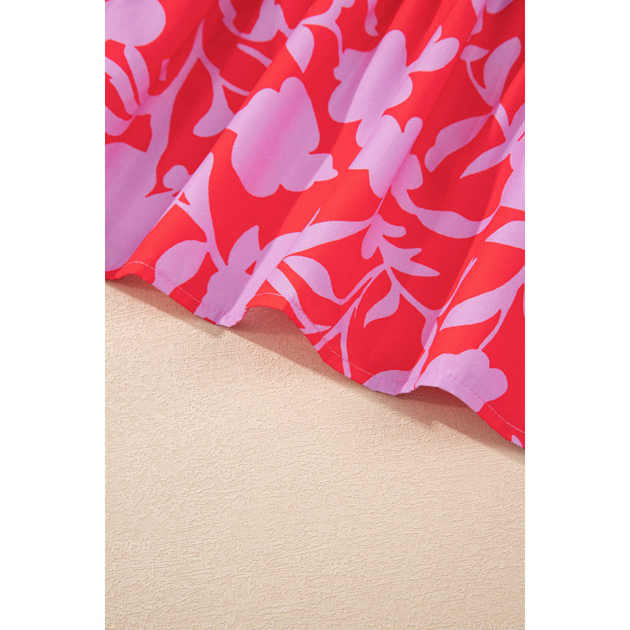 Red Floral Three Quarter Sleeves Ruffle Hem Mini Dress Dresses/Mini Dresses