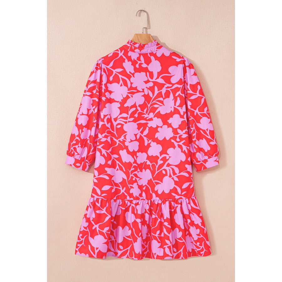Red Floral Three Quarter Sleeves Ruffle Hem Mini Dress Dresses/Mini Dresses